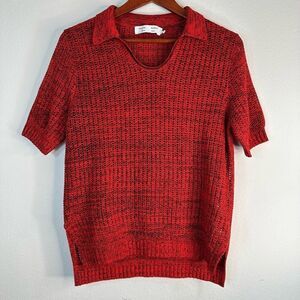 Proenza Schouler White Label Red Open Knit Pique Polo Top Silk Cotton Blend